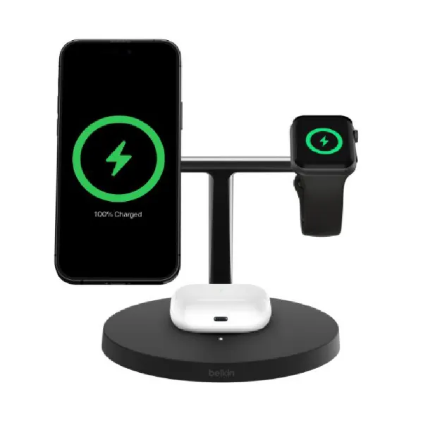 صورة شاحن لاسلكي 3 في 1 بتقنية Qi2 متوافق مع MagSafe لهواتف آيفون 16 وساعة آبل وسماعات AirPods مع مزود طاقة مرفق من بيلكن