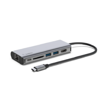 Picture of Belkin USB-C Multiport Adapter 6-in-1. 2 x USB A 3.0 (5Gpbs), 1 x HDMI 4k, GbE, 1 x USB C 100w PD, SD Card slot, Mac and Windows compatible